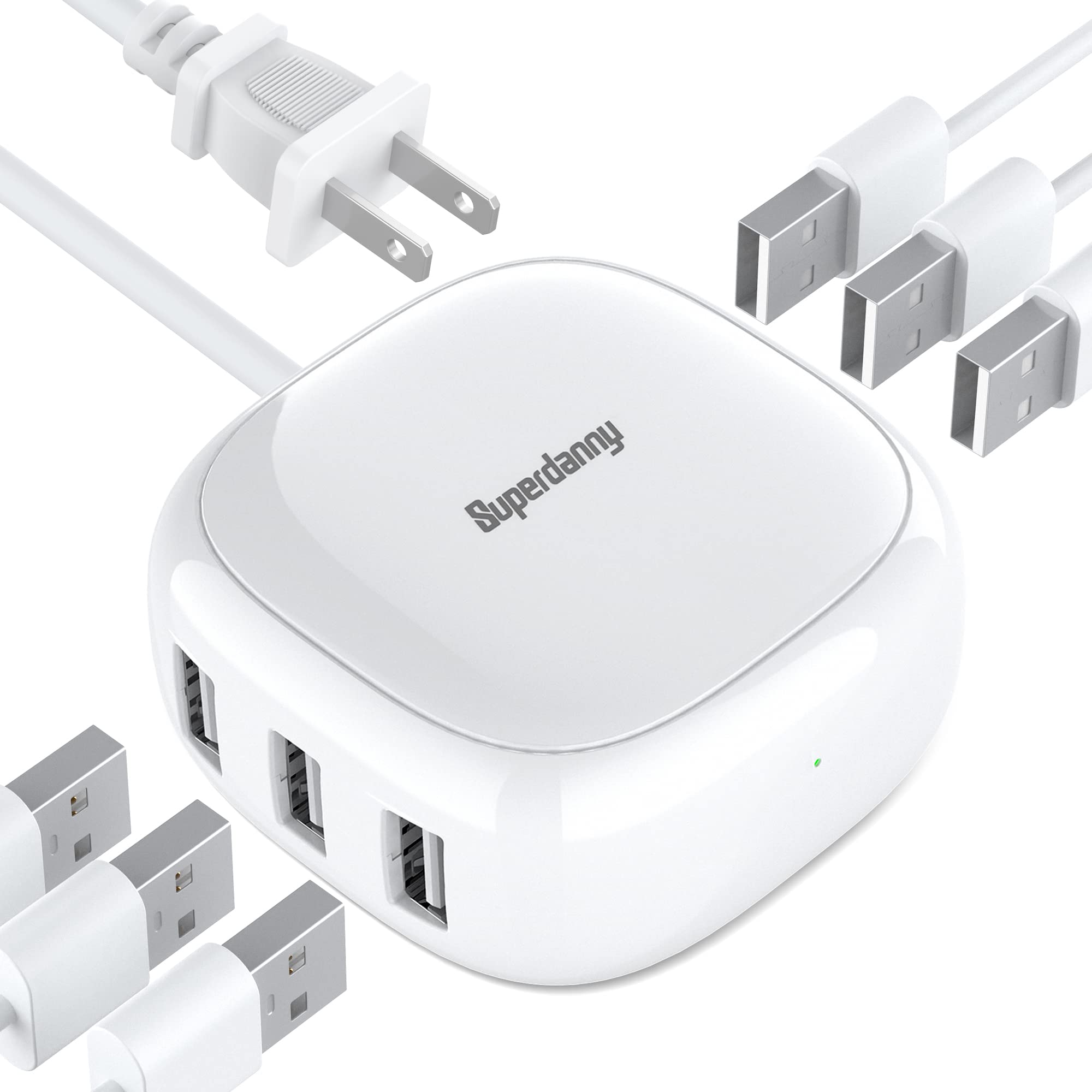 Superdanny 6 Port Usb Charger, 40W 8A Mini Usb Charging Station, Charging Station For Multiple Devices, 4Ft Cable, Compatible With Iphone, Ipad, Galaxy, Pixel, For Travel, Cruise, White